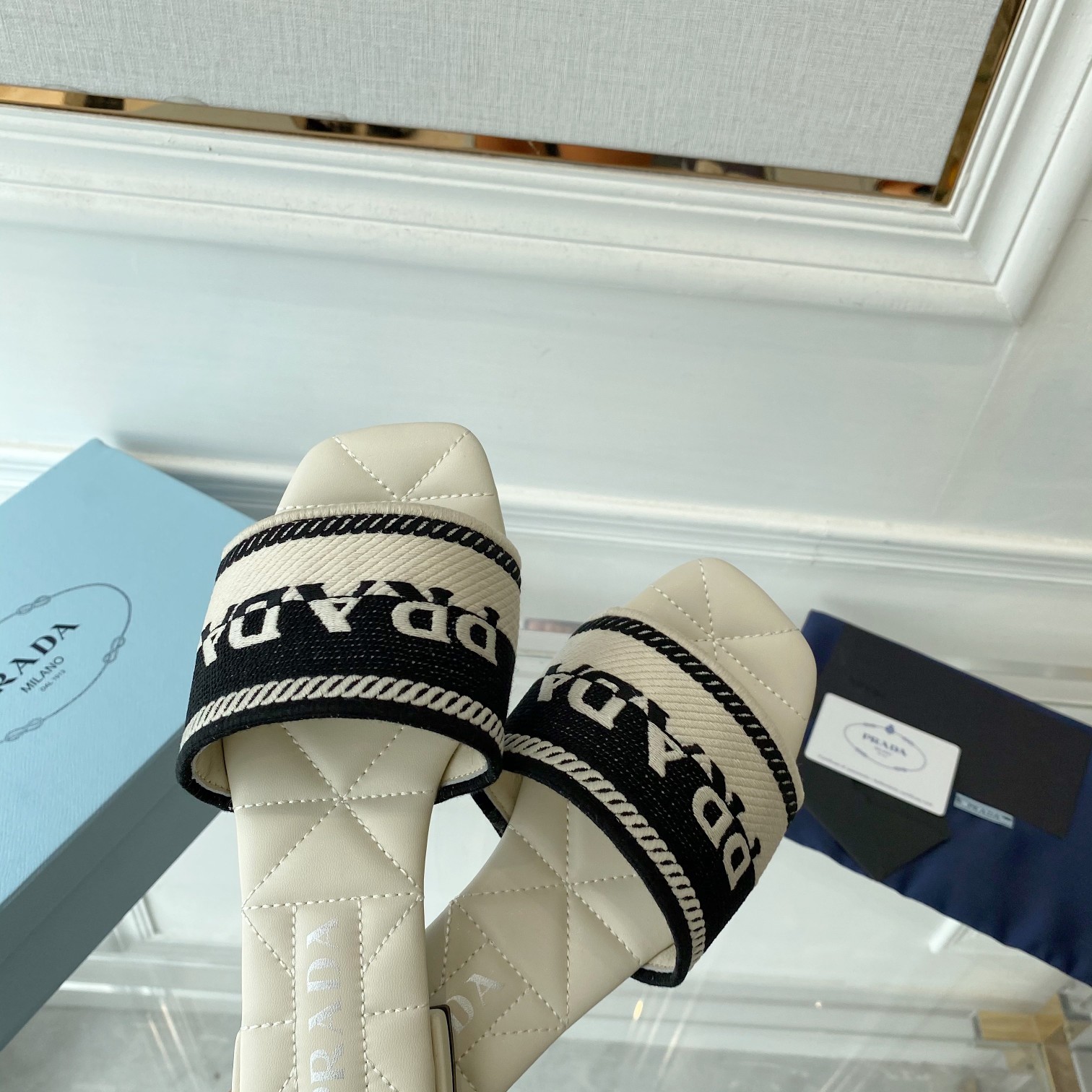 Prada Embroidered Fabric Slides - DopestKickz