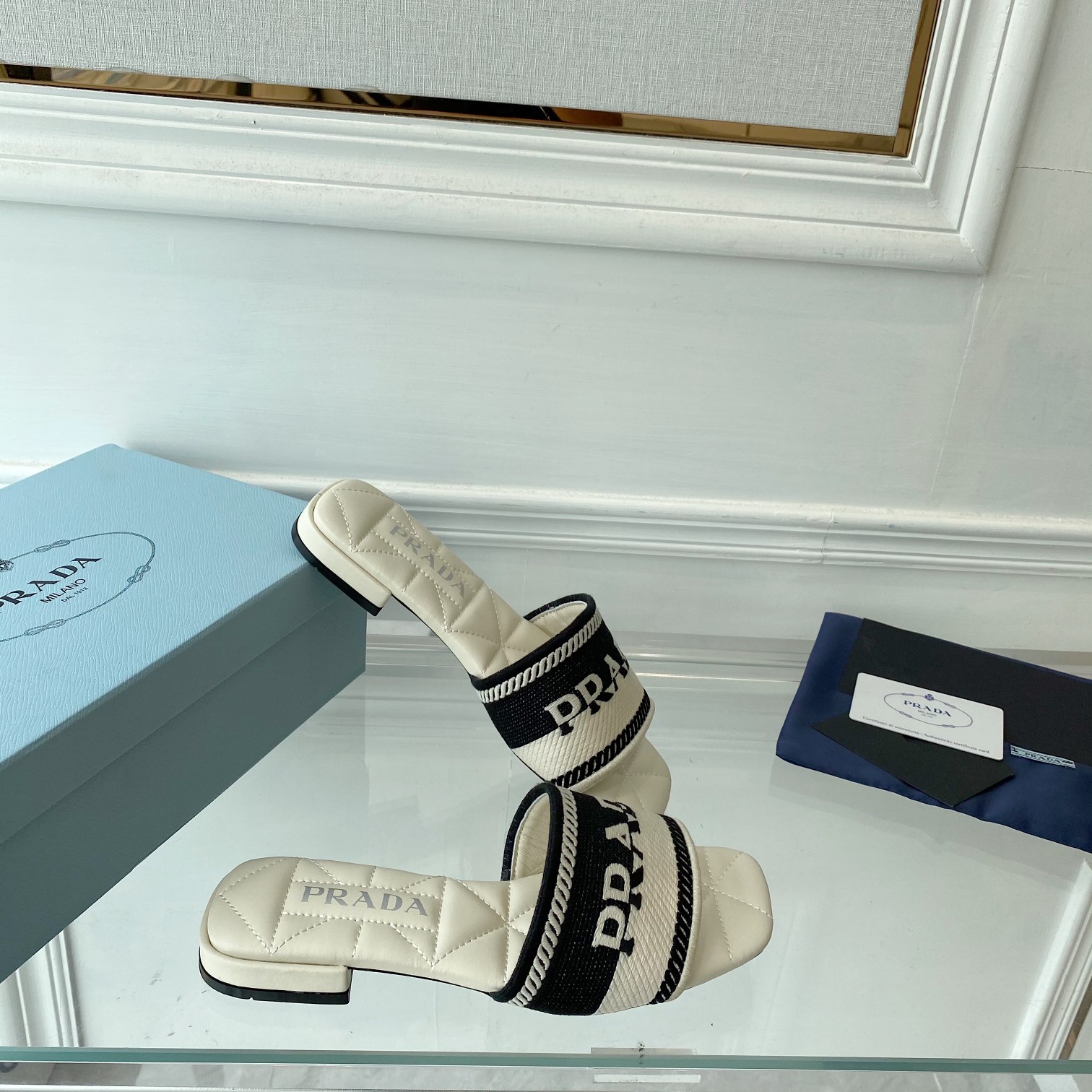 Prada Embroidered Fabric Slides - DopestKickz