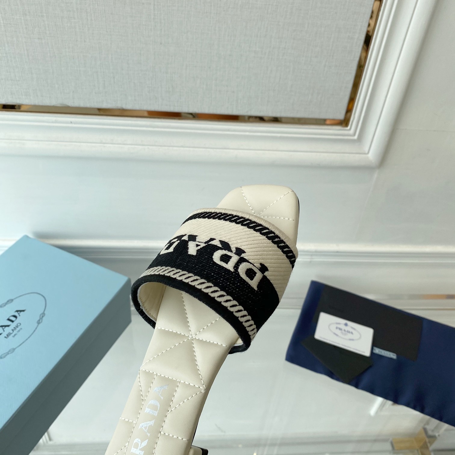 Prada Embroidered Fabric Slides - DopestKickz