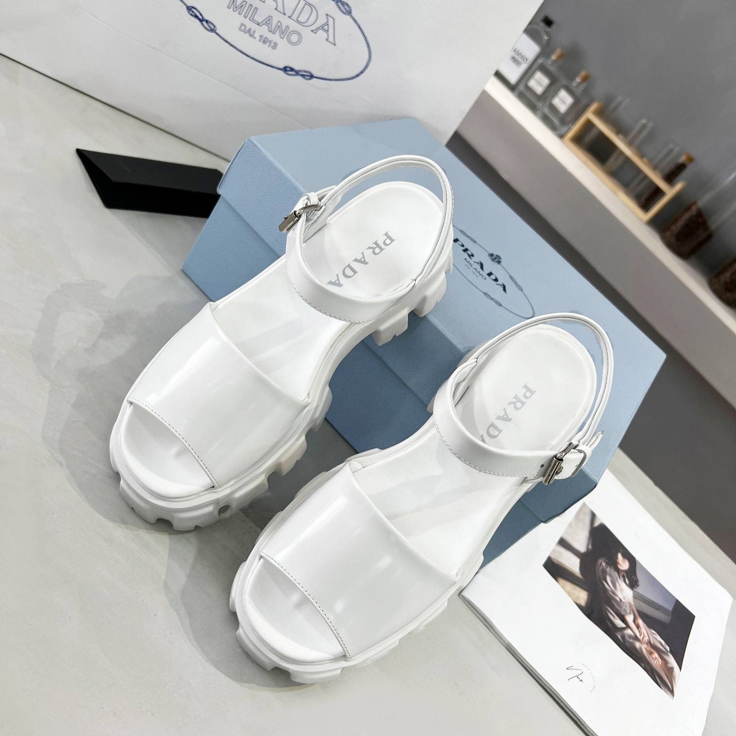 Prada Monolith Brushed Leather Sandals - DopestKickz