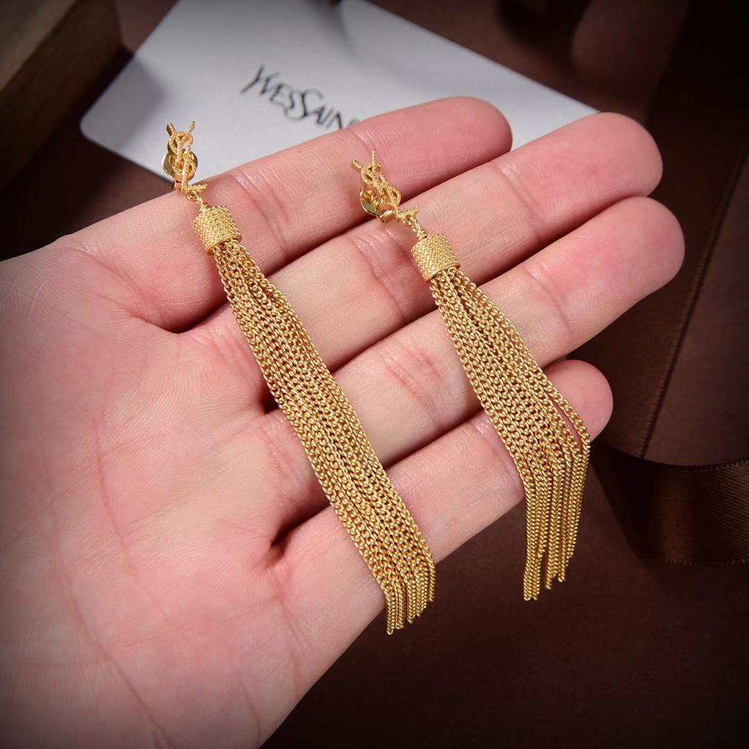 Saint Laurent Loulou Earrings With Chain Tassels In Light Gold-Colored Brass - DopestKickz