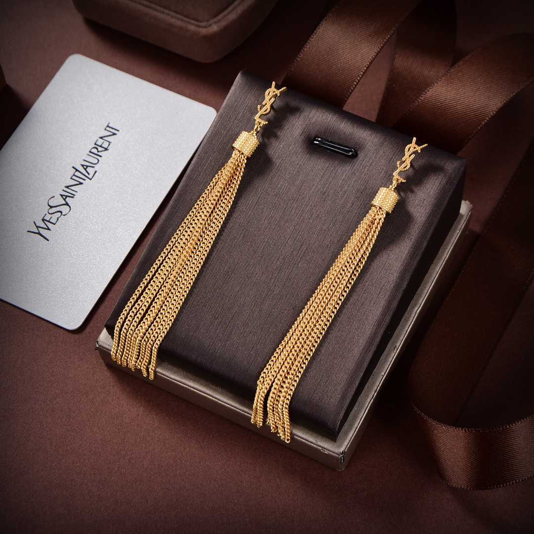 Saint Laurent Loulou Earrings With Chain Tassels In Light Gold-Colored Brass - DopestKickz