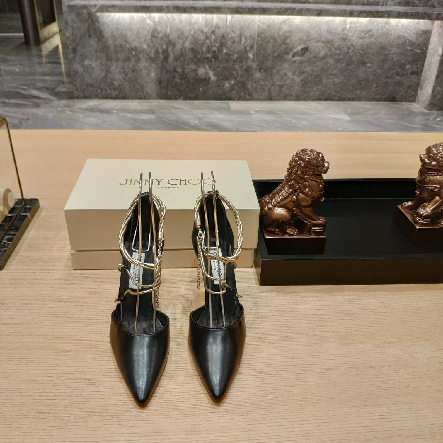 Jimmy Choo Olesia 95 Black Nappa Pumps With Gold Chains - DopestKickz
