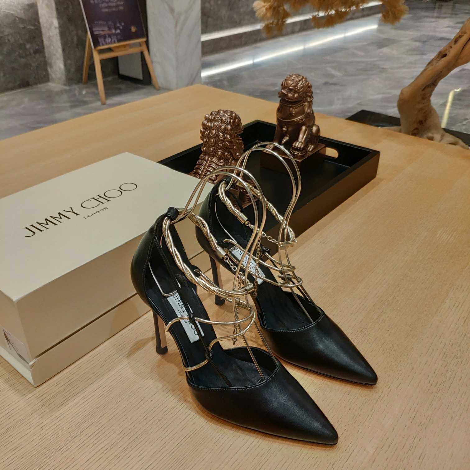 Jimmy Choo Olesia 95 Black Nappa Pumps With Gold Chains - DopestKickz