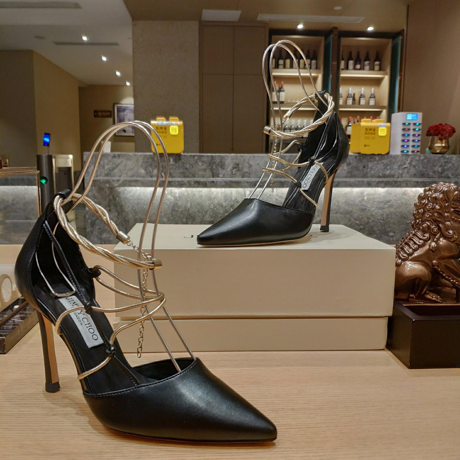 Jimmy Choo Olesia 95 Black Nappa Pumps With Gold Chains - DopestKickz