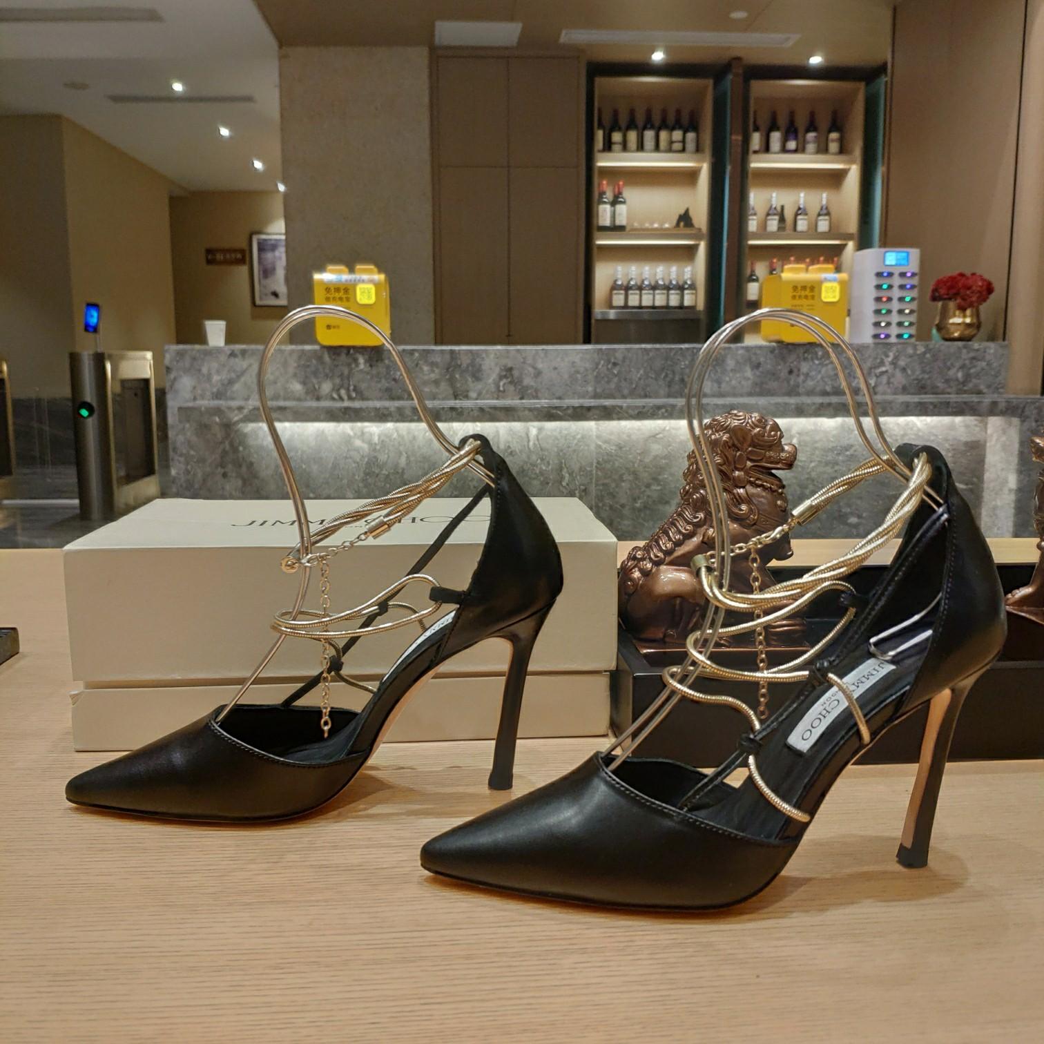Jimmy Choo Olesia 95 Black Nappa Pumps With Gold Chains - DopestKickz