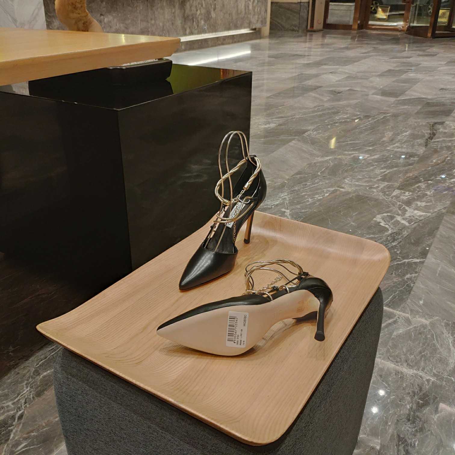 Jimmy Choo Olesia 95 Black Nappa Pumps With Gold Chains - DopestKickz