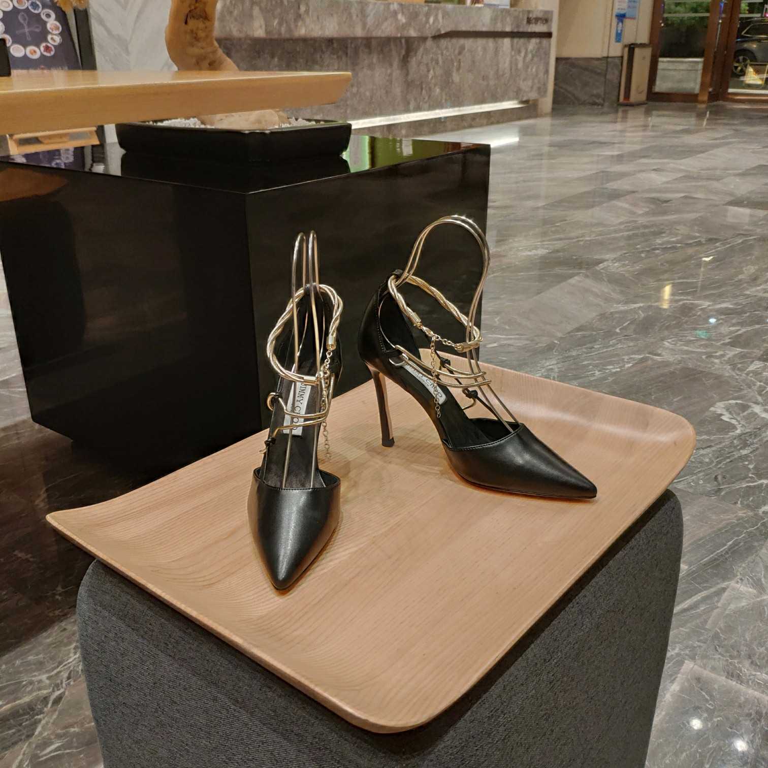 Jimmy Choo Olesia 95 Black Nappa Pumps With Gold Chains - DopestKickz
