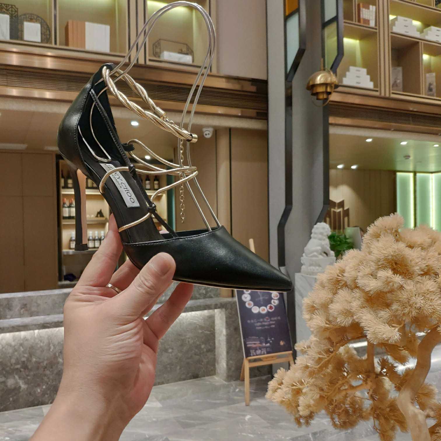 Jimmy Choo Olesia 95 Black Nappa Pumps With Gold Chains - DopestKickz