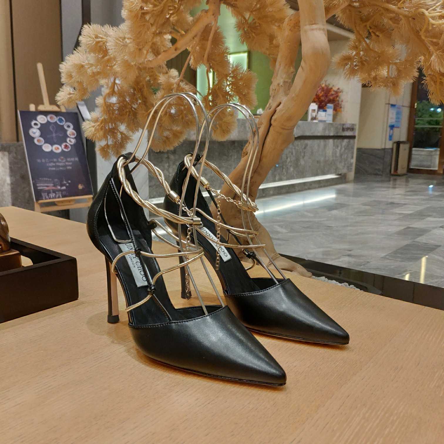 Jimmy Choo Olesia 95 Black Nappa Pumps With Gold Chains - DopestKickz