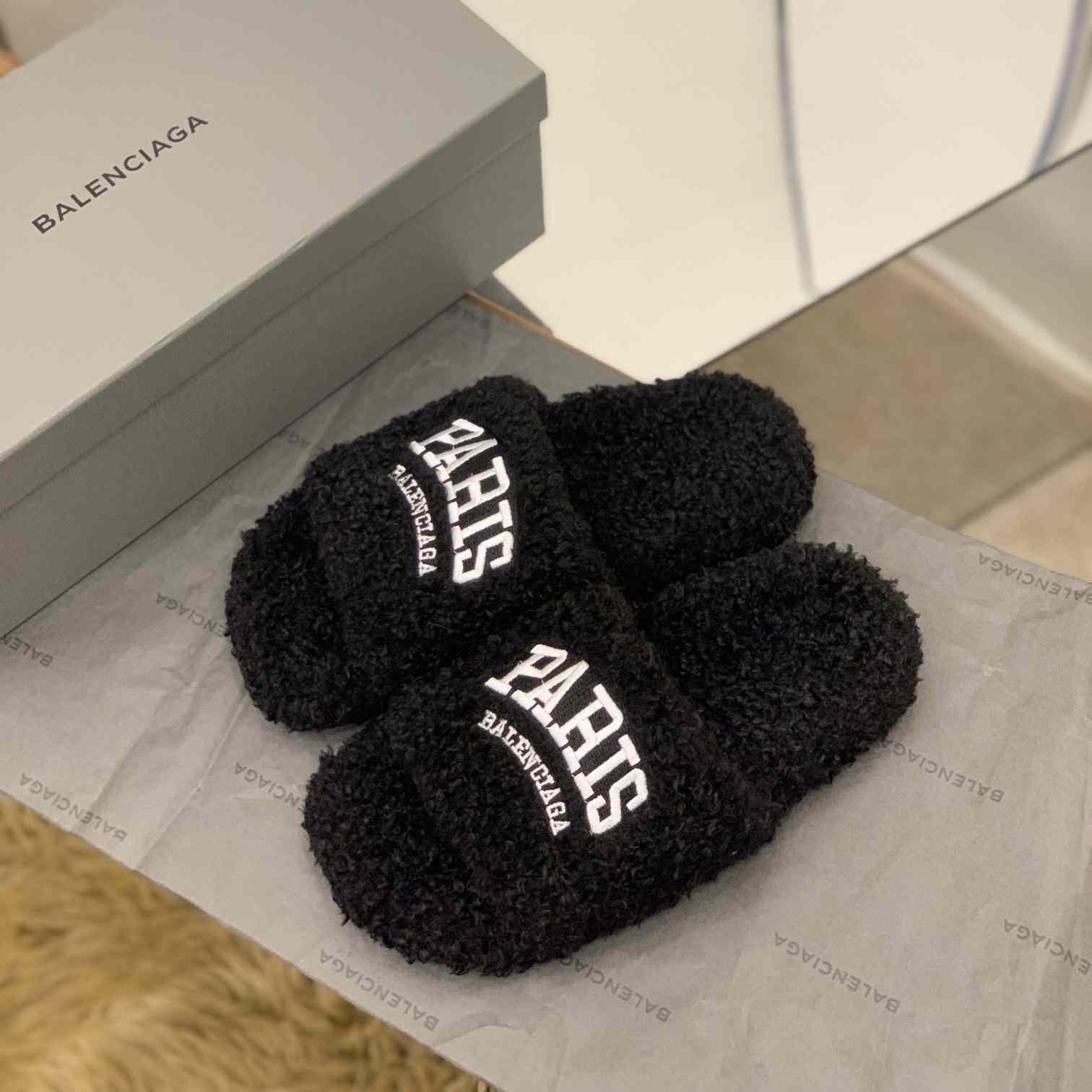 Balenciaga Cities Paris Furry Slide Sandal  - DopestKickz