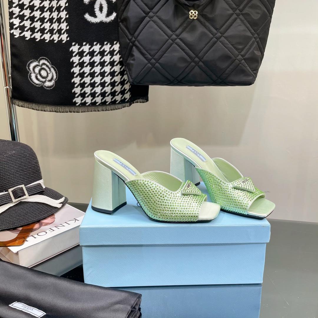 Prada High-Heeled Satin Slides With Crystals - DopestKickz