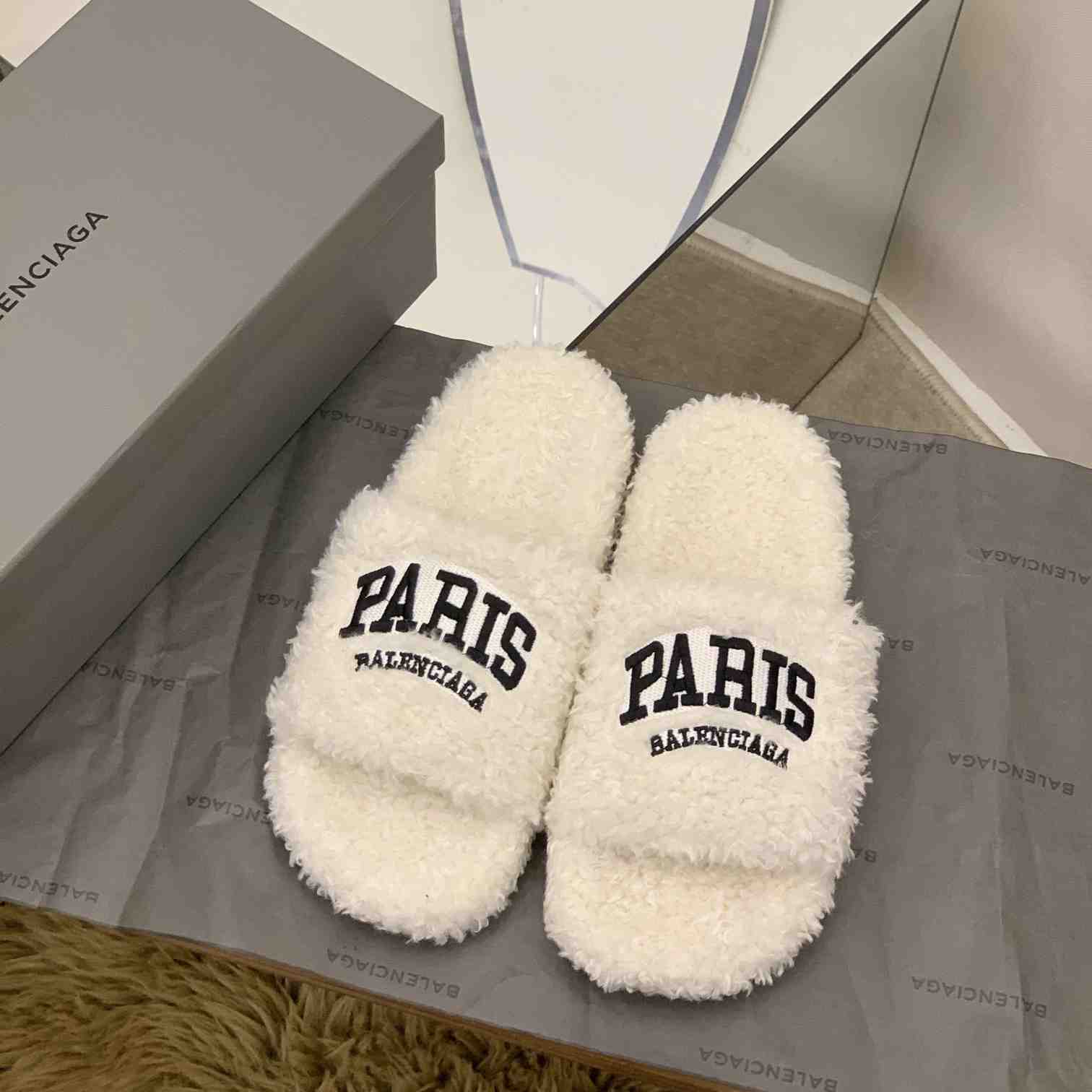 Balenciaga Cities Paris Furry Slide Sandal  - DopestKickz