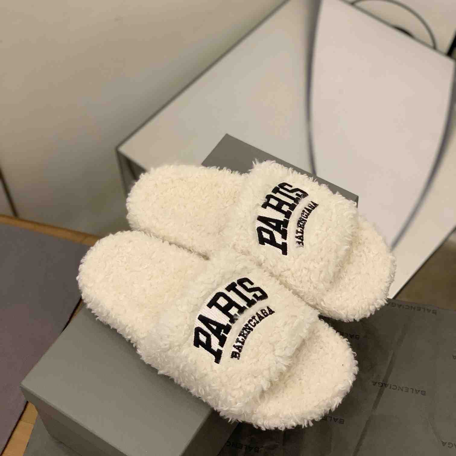 Balenciaga Cities Paris Furry Slide Sandal  - DopestKickz