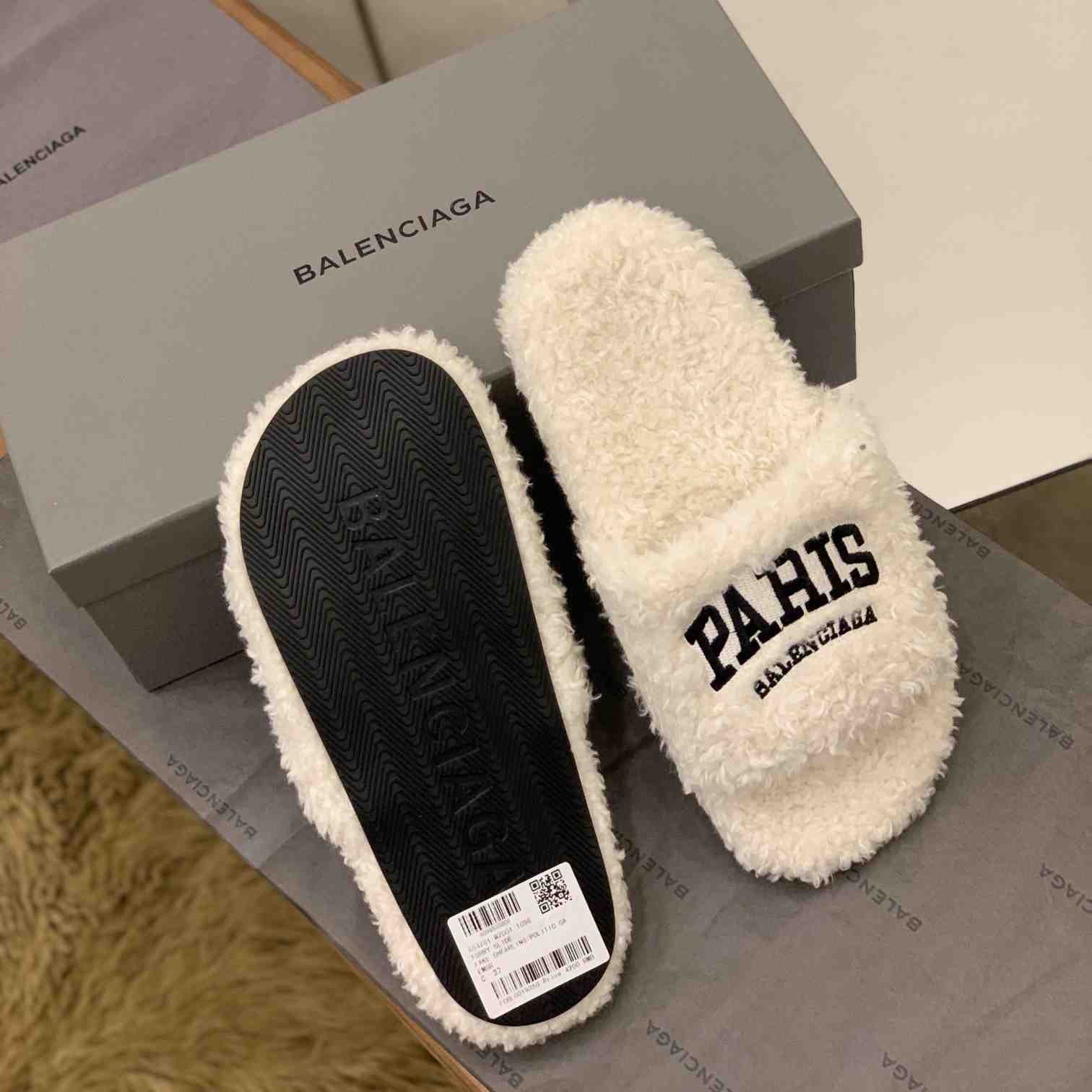 Balenciaga Cities Paris Furry Slide Sandal  - DopestKickz
