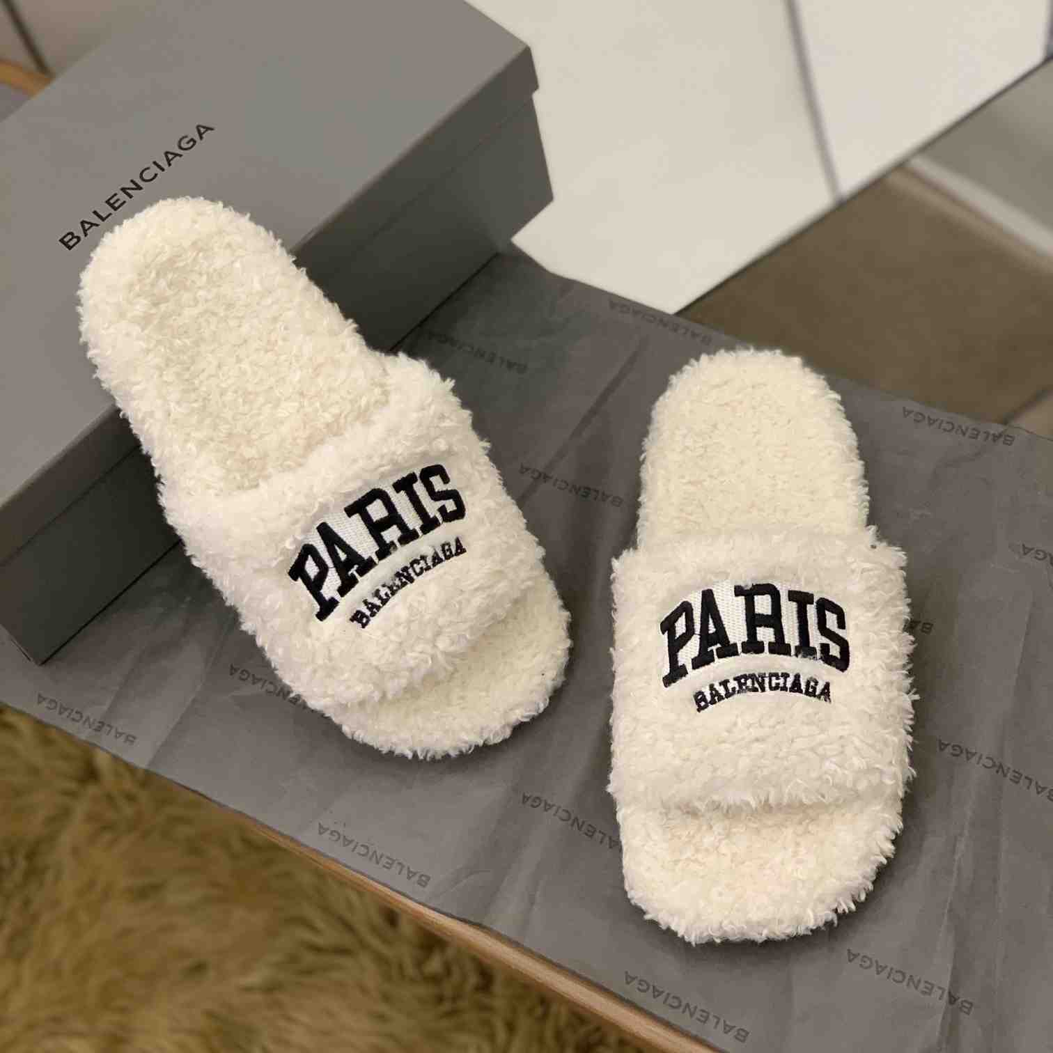 Balenciaga Cities Paris Furry Slide Sandal  - DopestKickz