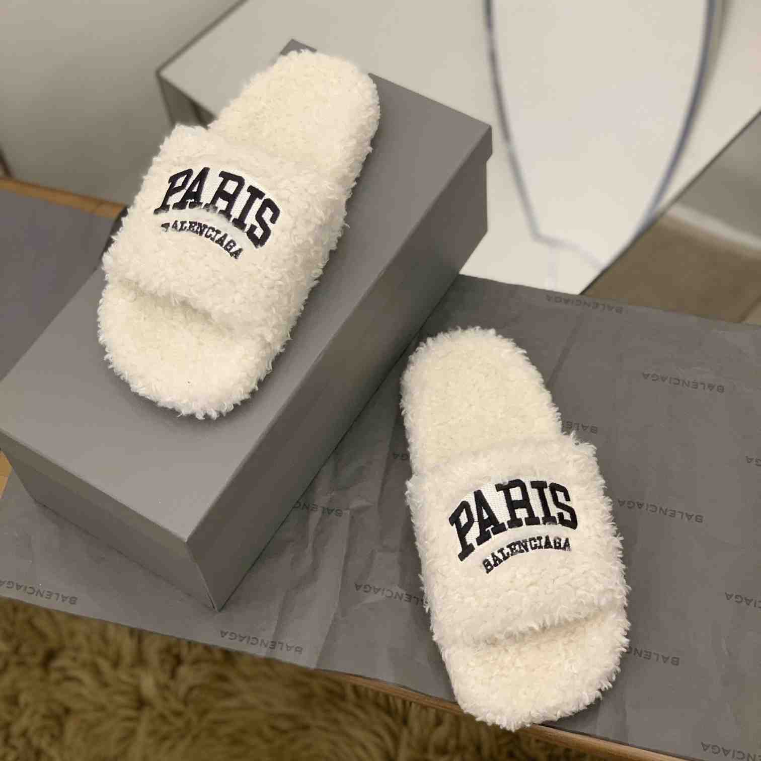 Balenciaga Cities Paris Furry Slide Sandal  - DopestKickz