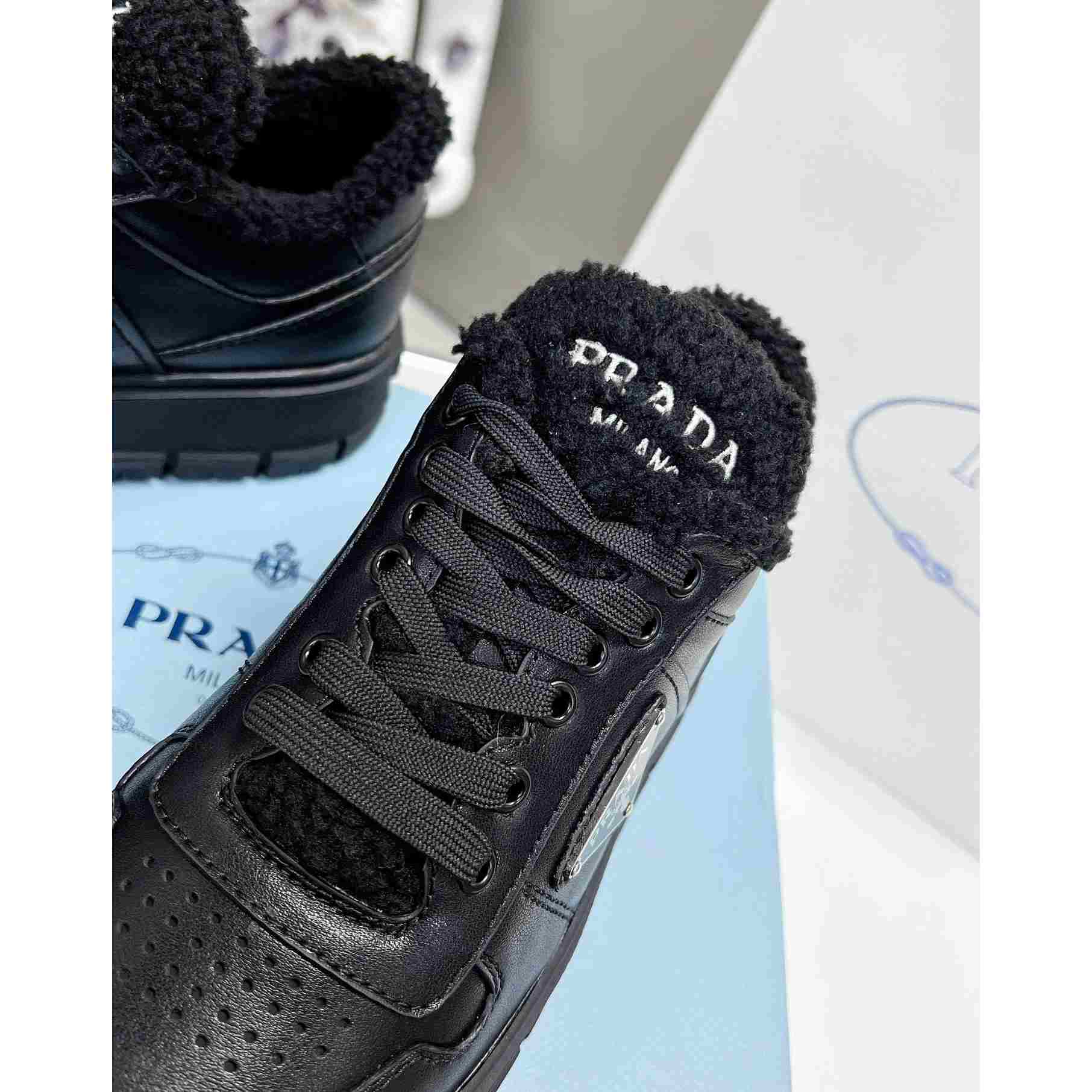 Prada Leather And Shearling Sneakers - DopestKickz