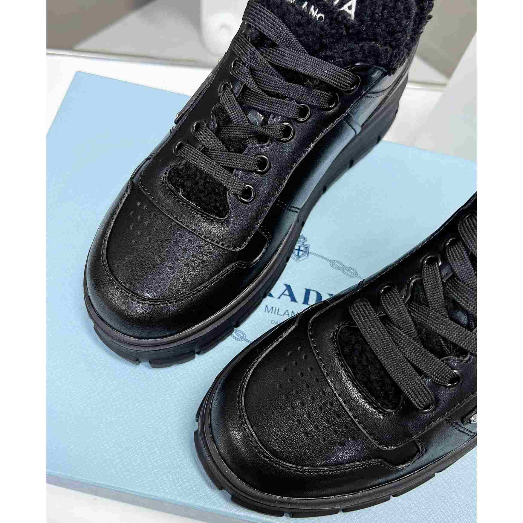 Prada Leather And Shearling Sneakers - DopestKickz