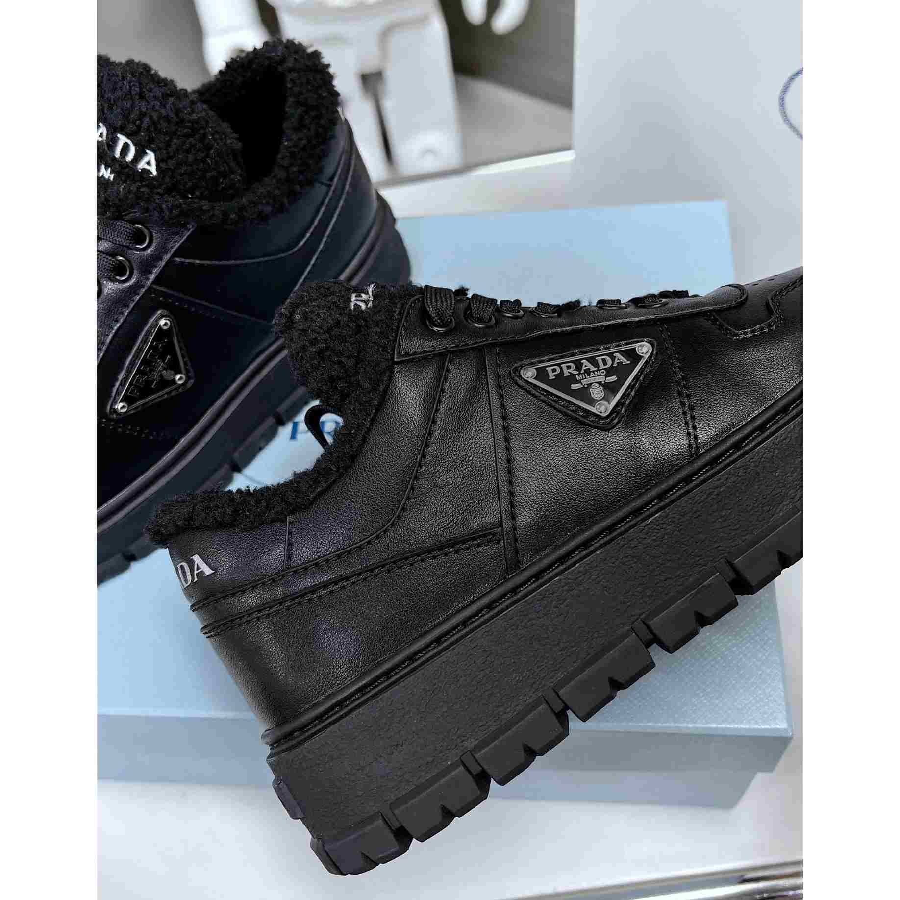 Prada Leather And Shearling Sneakers - DopestKickz