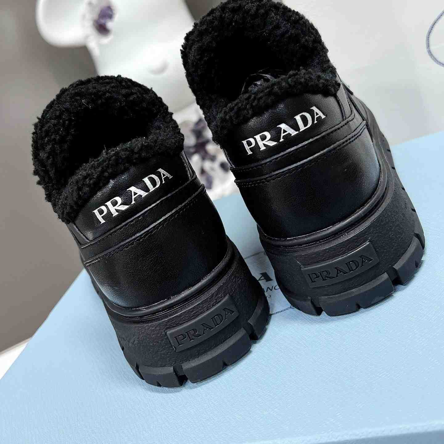 Prada Leather And Shearling Sneakers - DopestKickz