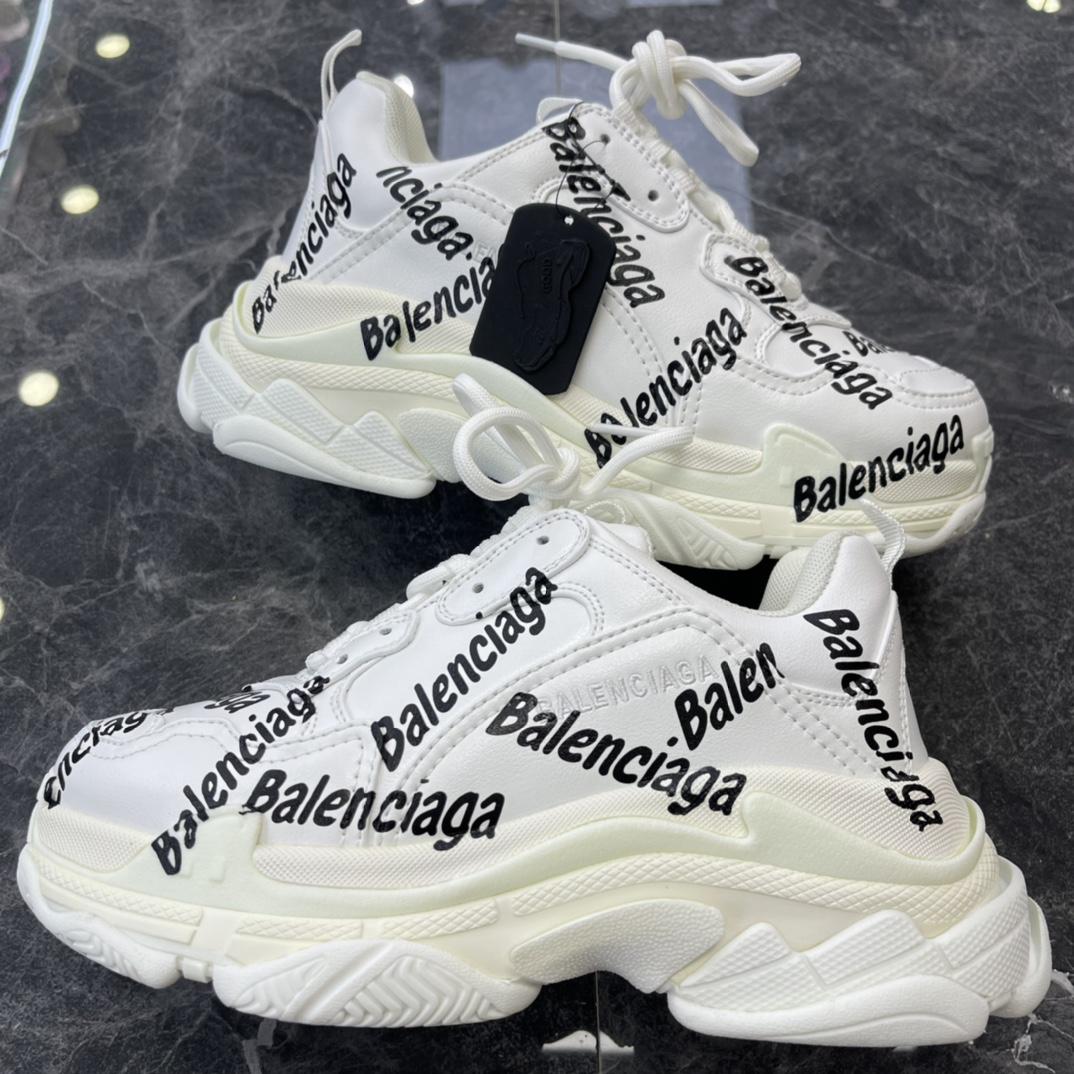Balenciaga Triple S Logotype Sneaker In White And Black Technical Material - DopestKickz