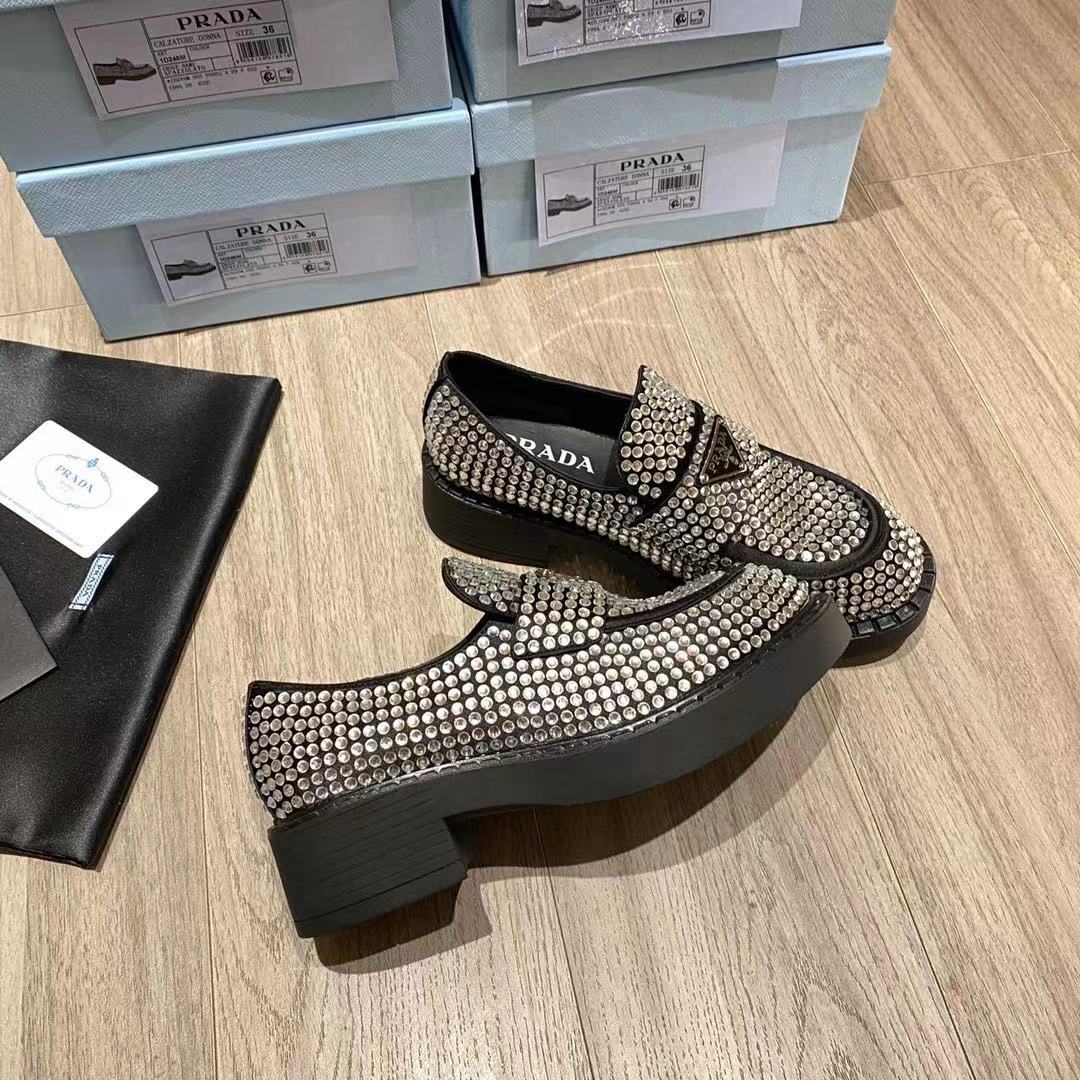 Prada Chocolate Satin Loafers With Crystals - DopestKickz
