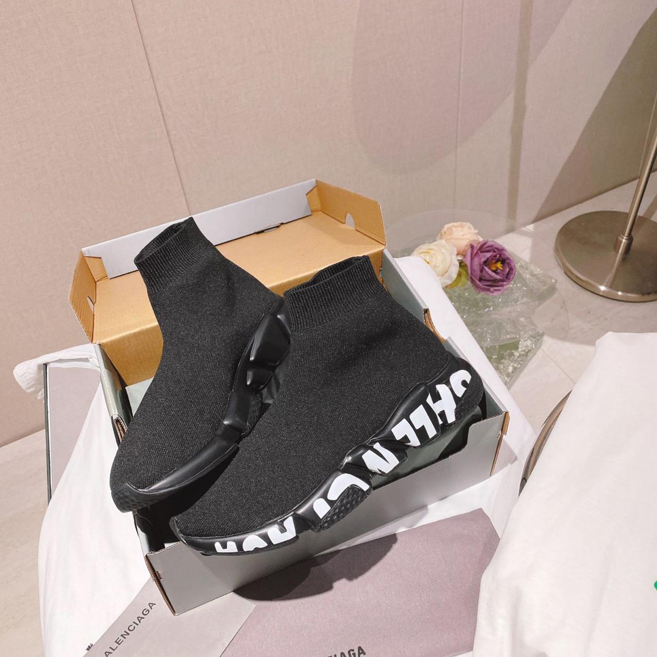Balenciaga Speed Graffiti Sneaker In Black Knit - DopestKickz