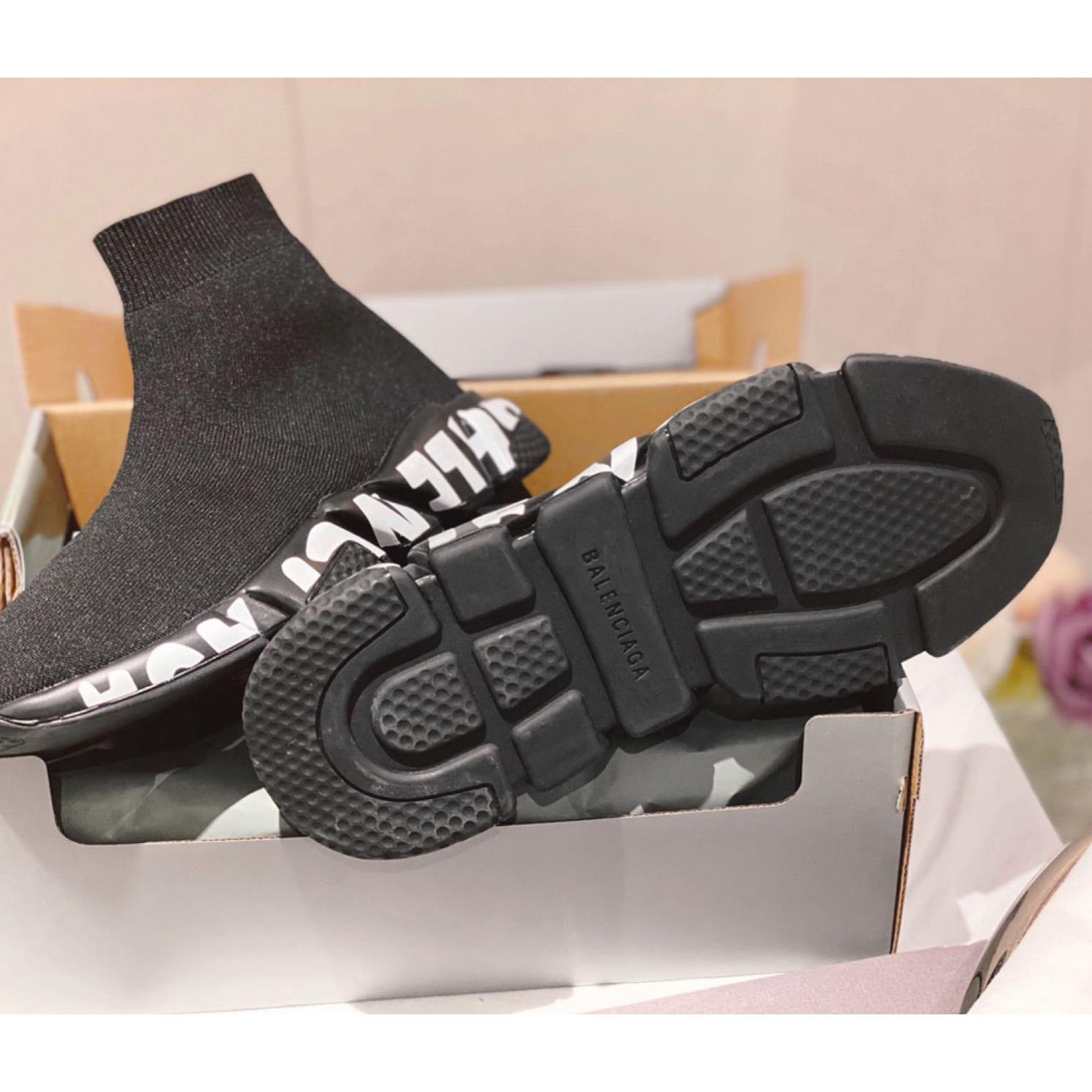 Balenciaga Speed Graffiti Sneaker In Black Knit - DopestKickz