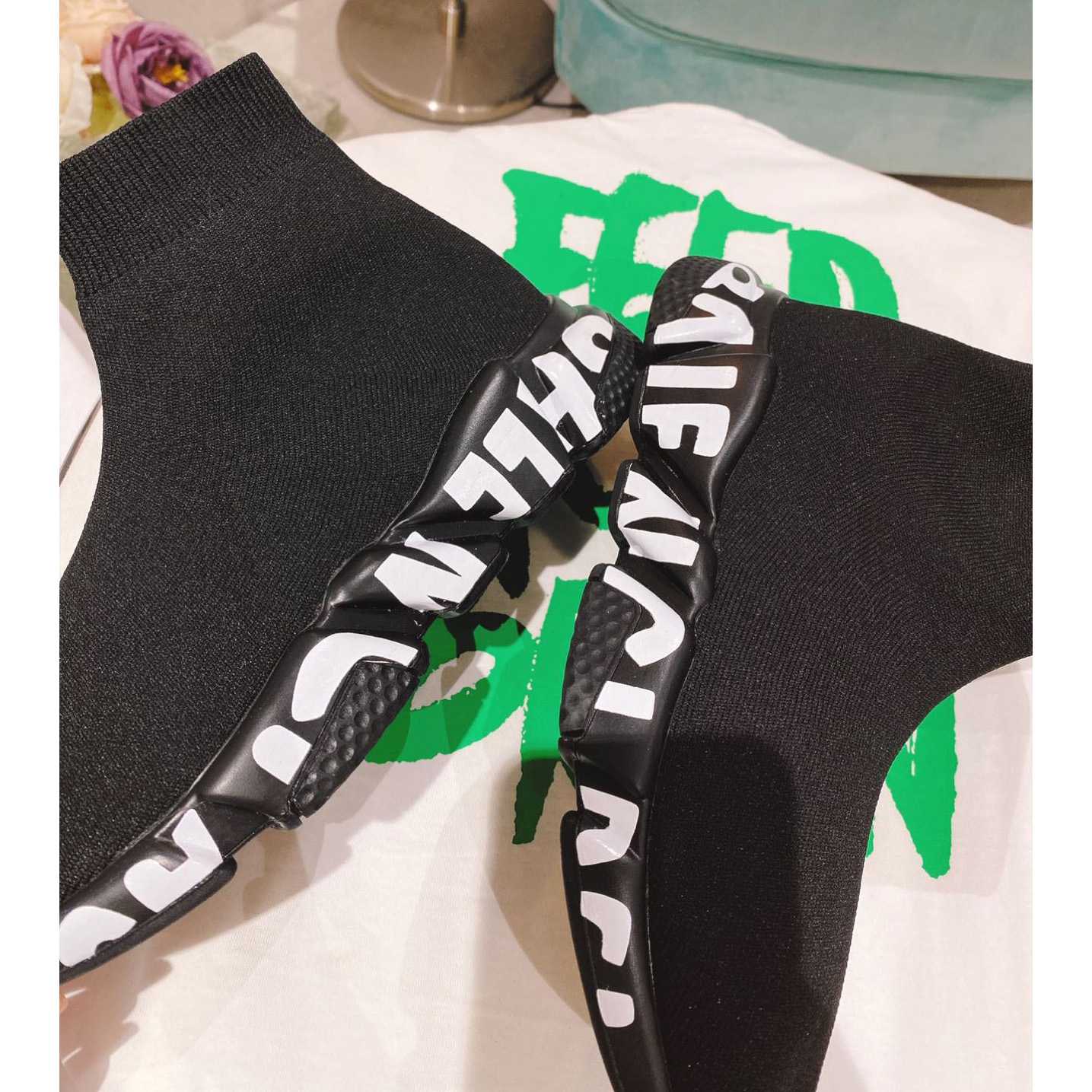 Balenciaga Speed Graffiti Sneaker In Black Knit - DopestKickz