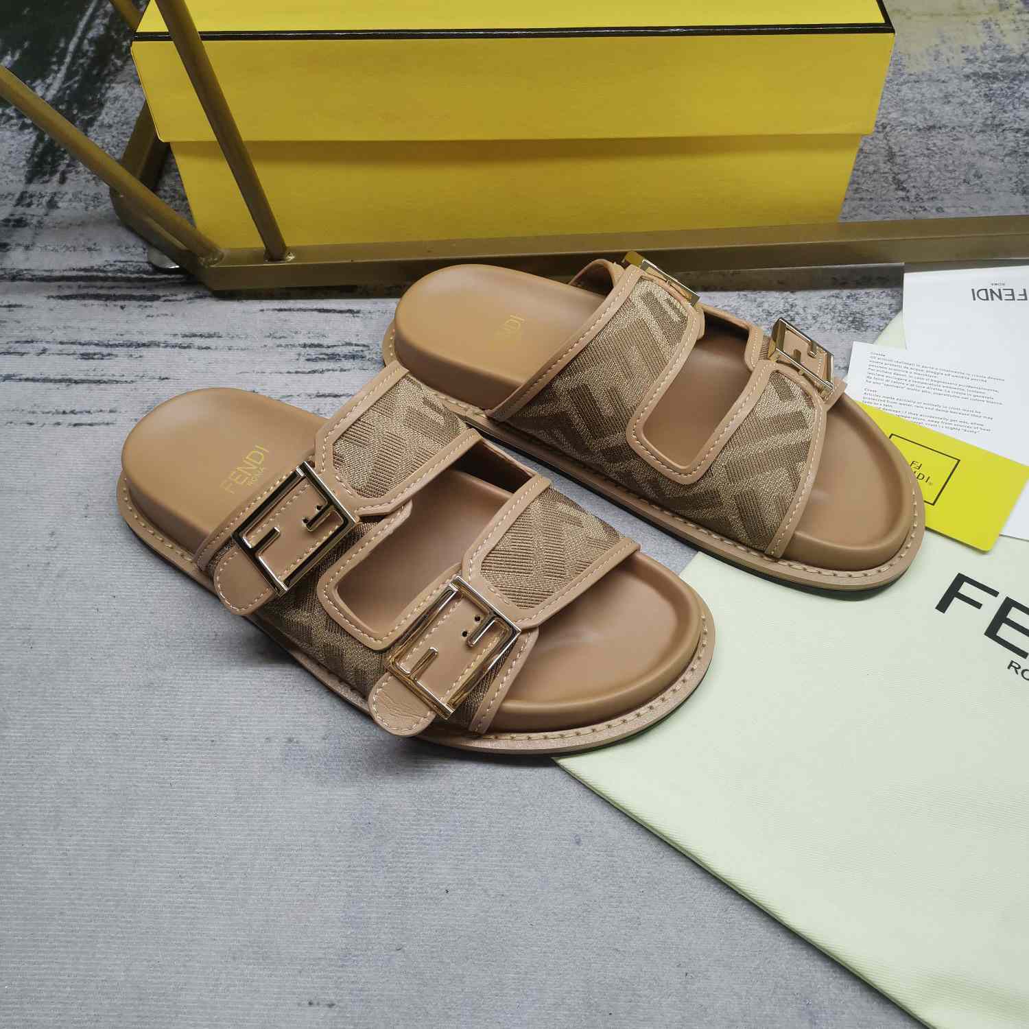 Fendi Feel Dove Gray FF Chenille Slides - DopestKickz