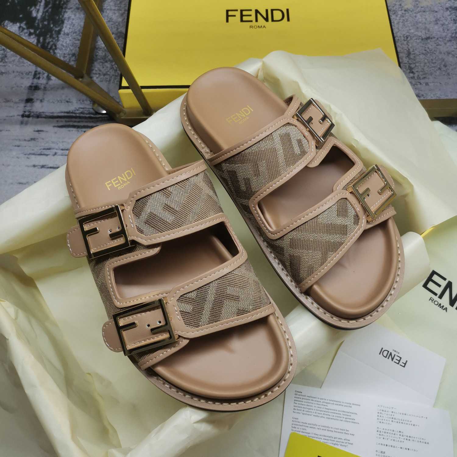 Fendi Feel Dove Gray FF Chenille Slides - DopestKickz