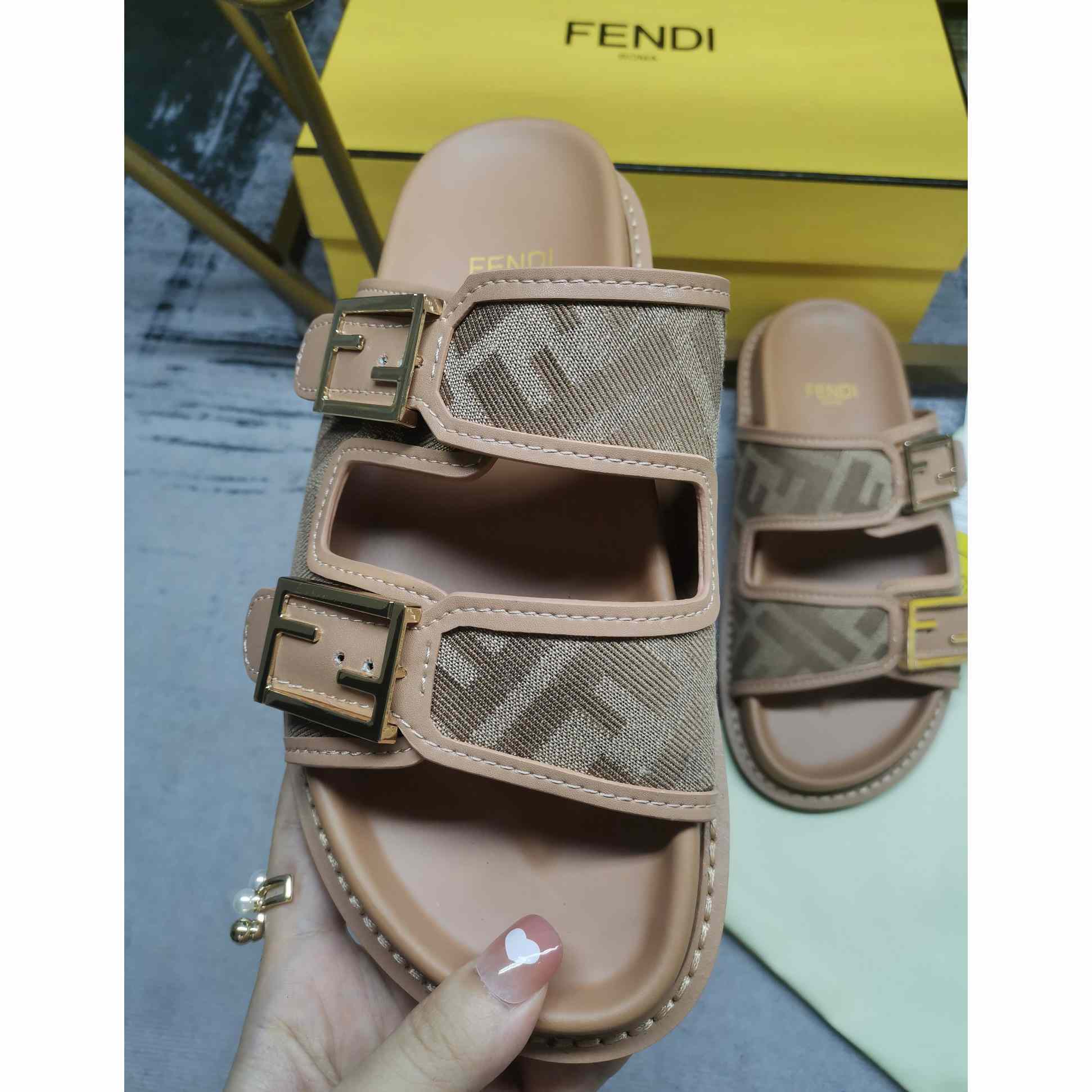 Fendi Feel Dove Gray FF Chenille Slides - DopestKickz