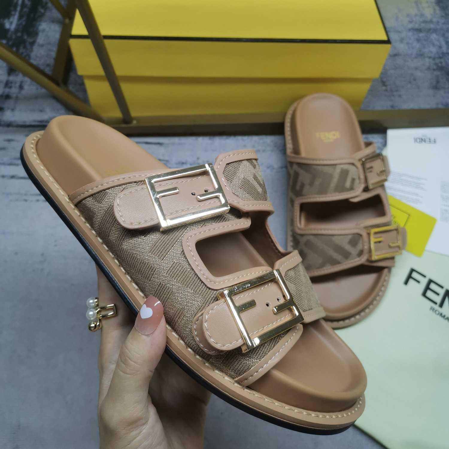 Fendi Feel Dove Gray FF Chenille Slides - DopestKickz