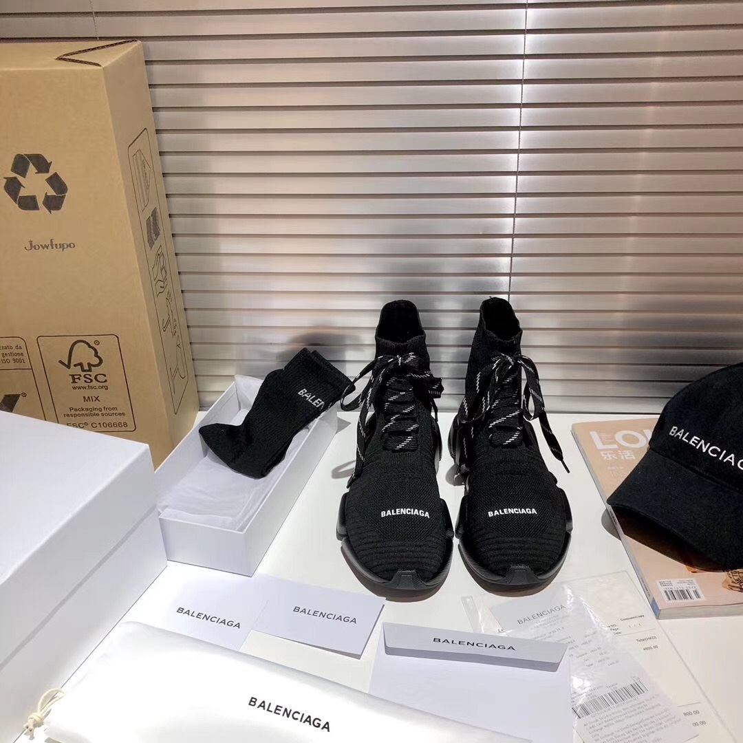 Balenciaga Speed 2.0 Lace-Up Sneaker In Black Recycled Knit - DopestKickz