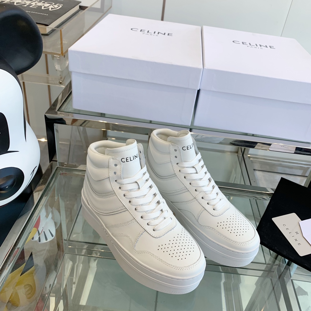 Celine Block Sneakers With Wedge OUtsole In Calfskin Optic White   - DopestKickz