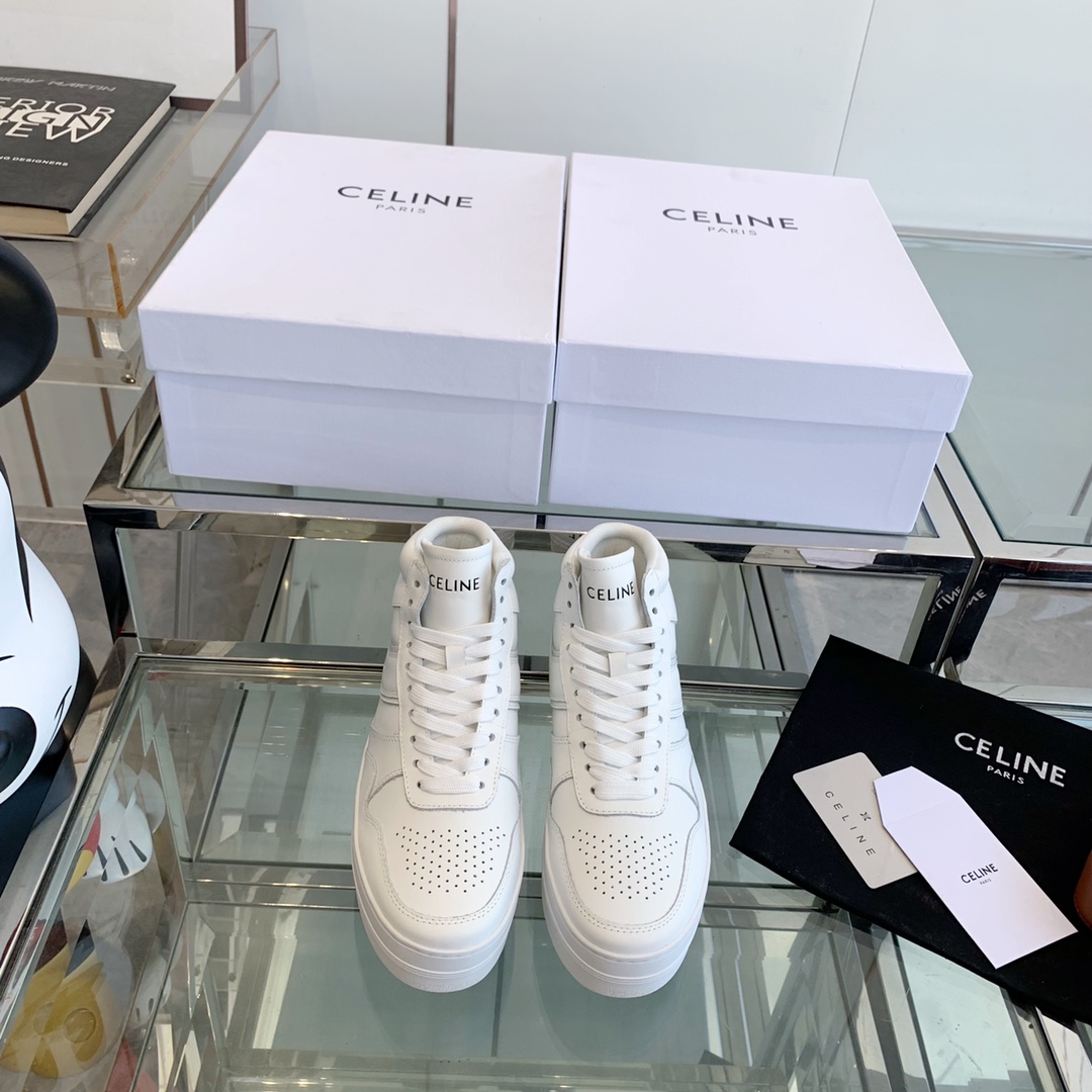 Celine Block Sneakers With Wedge OUtsole In Calfskin Optic White   - DopestKickz