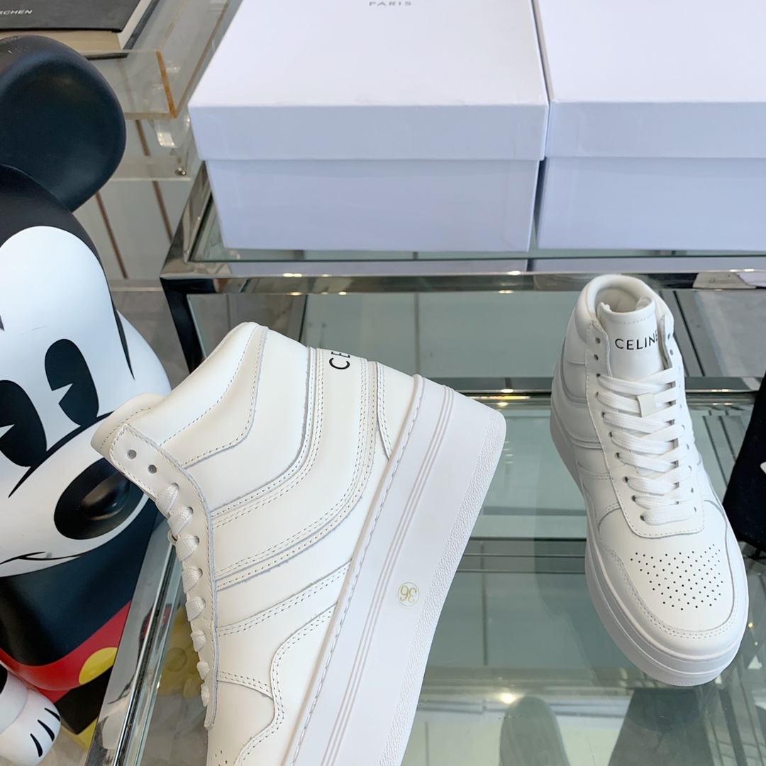 Celine Block Sneakers With Wedge OUtsole In Calfskin Optic White   - DopestKickz