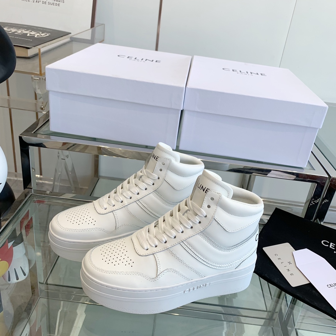 Celine Block Sneakers With Wedge OUtsole In Calfskin Optic White   - DopestKickz