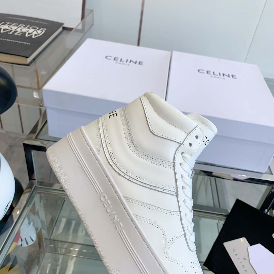 Celine Block Sneakers With Wedge OUtsole In Calfskin Optic White   - DopestKickz
