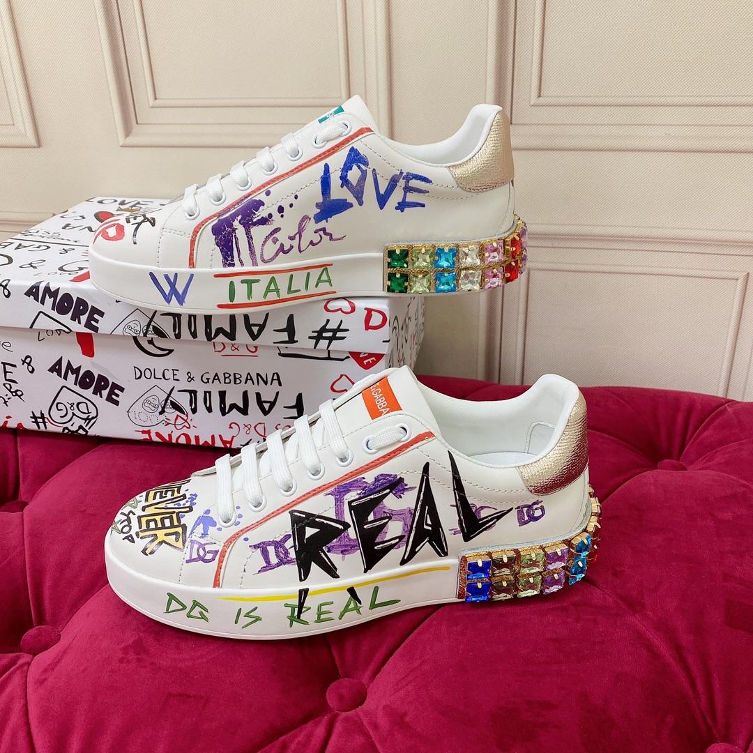 Dolce & Gabbana Calfskin Portofino Sneakers With Embroidery And Lettering - DopestKickz