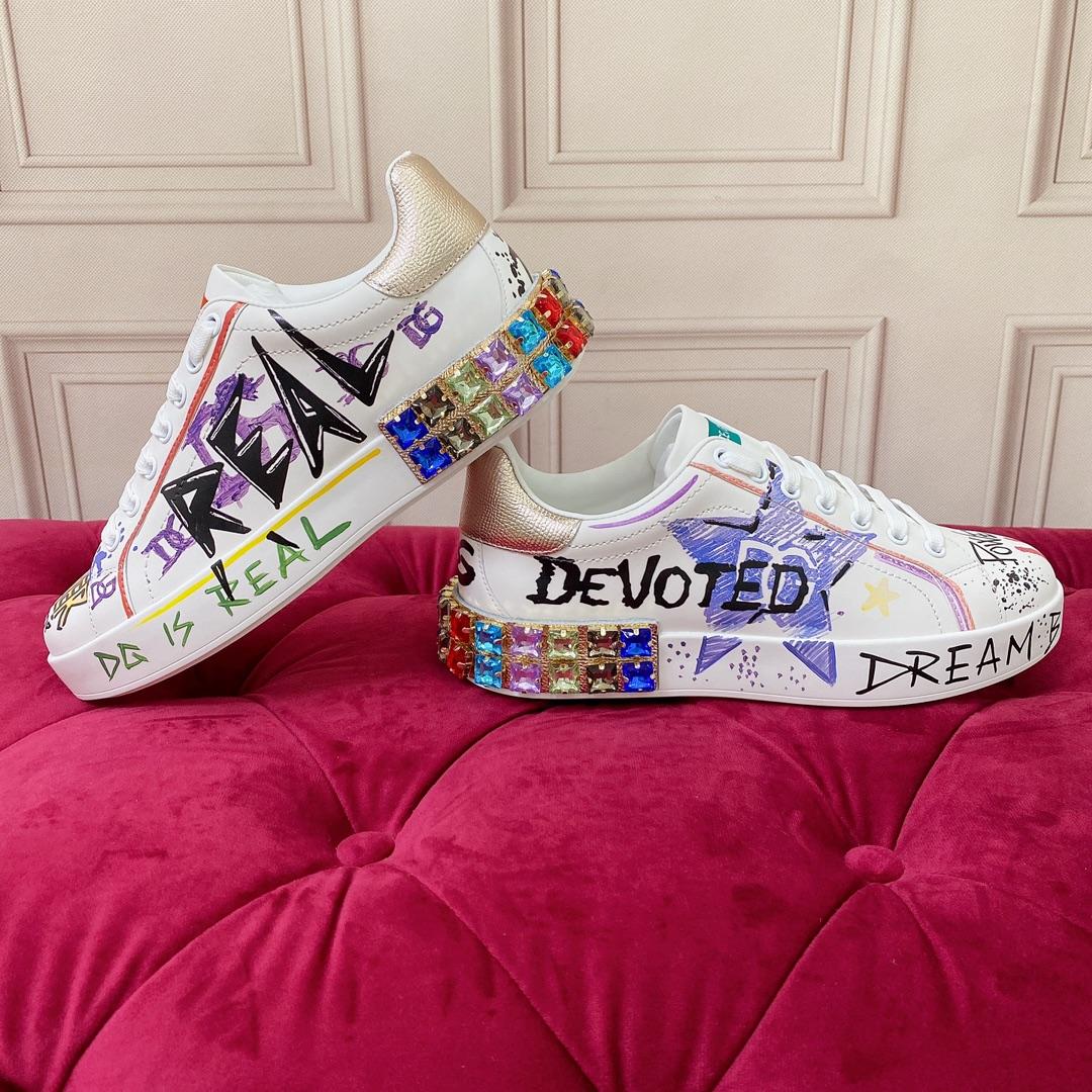 Dolce & Gabbana Calfskin Portofino Sneakers With Embroidery And Lettering - DopestKickz