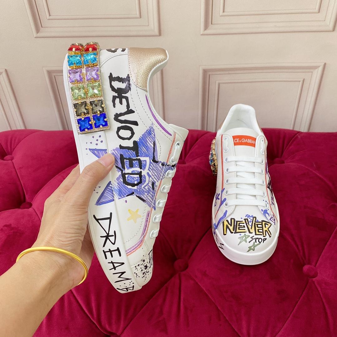 Dolce & Gabbana Calfskin Portofino Sneakers With Embroidery And Lettering - DopestKickz