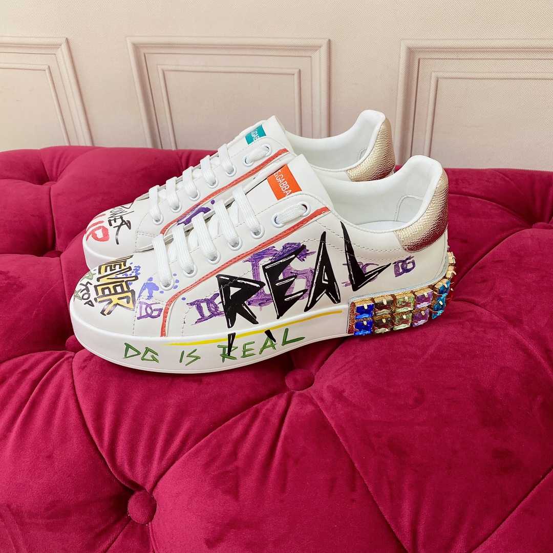 Dolce & Gabbana Calfskin Portofino Sneakers With Embroidery And Lettering - DopestKickz