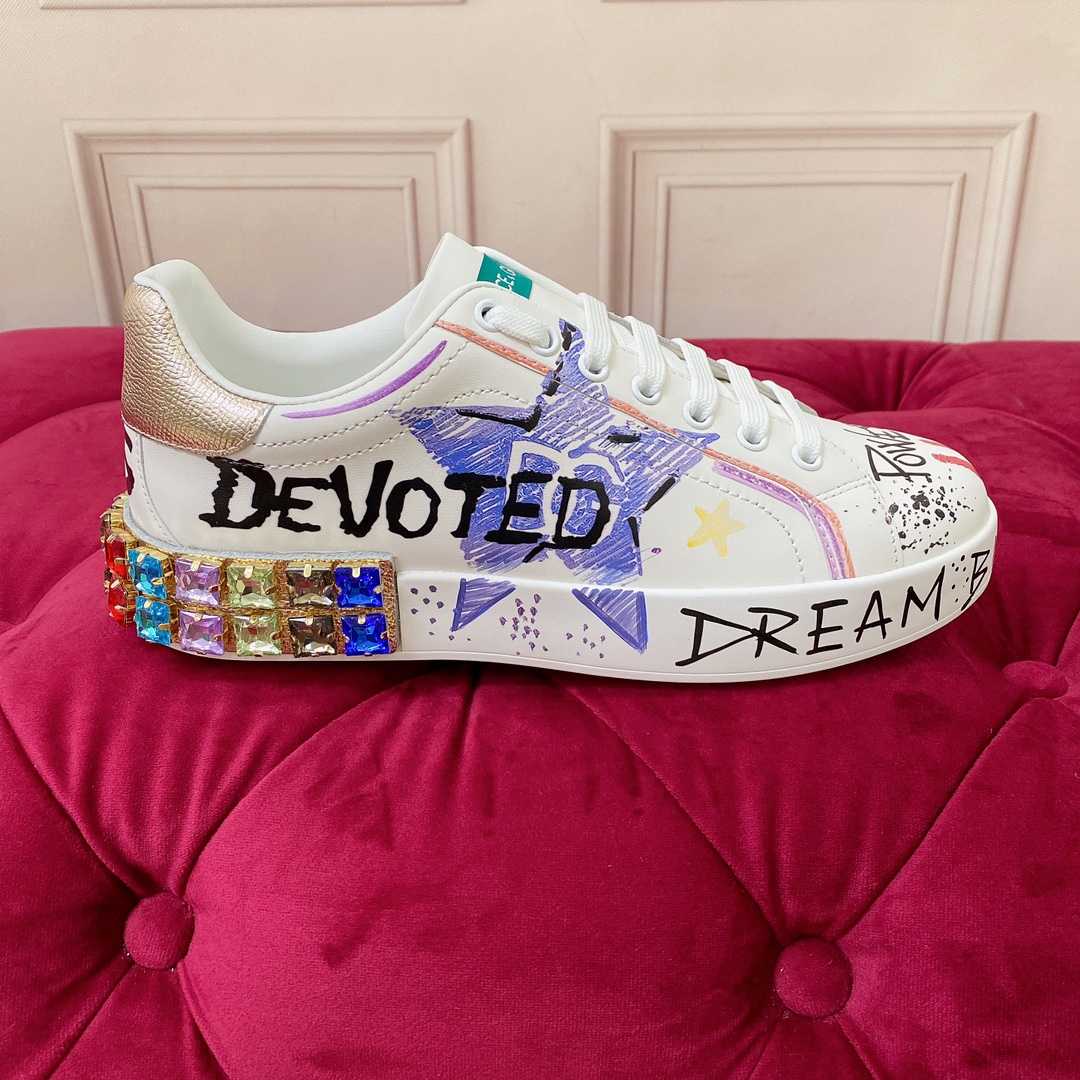 Dolce & Gabbana Calfskin Portofino Sneakers With Embroidery And Lettering - DopestKickz