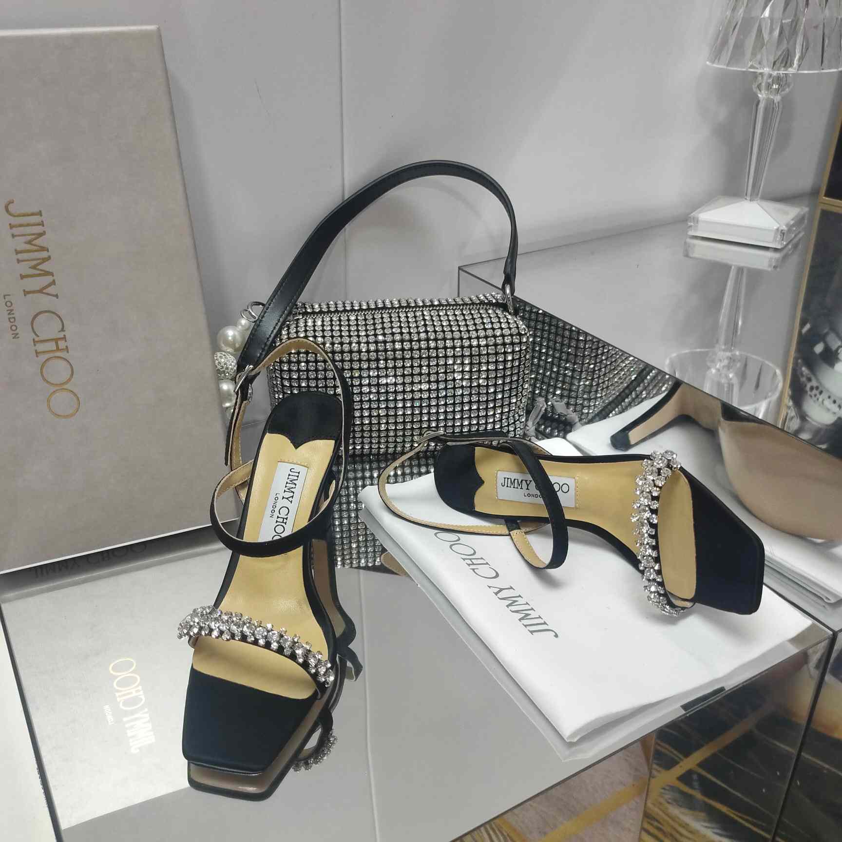 Jimmy Choo Meira 85 Black Suede Sandals With Crystal Embellishment - DopestKickz