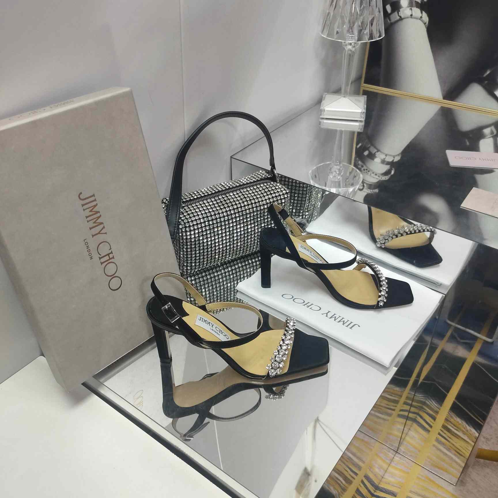 Jimmy Choo Meira 85 Black Suede Sandals With Crystal Embellishment - DopestKickz