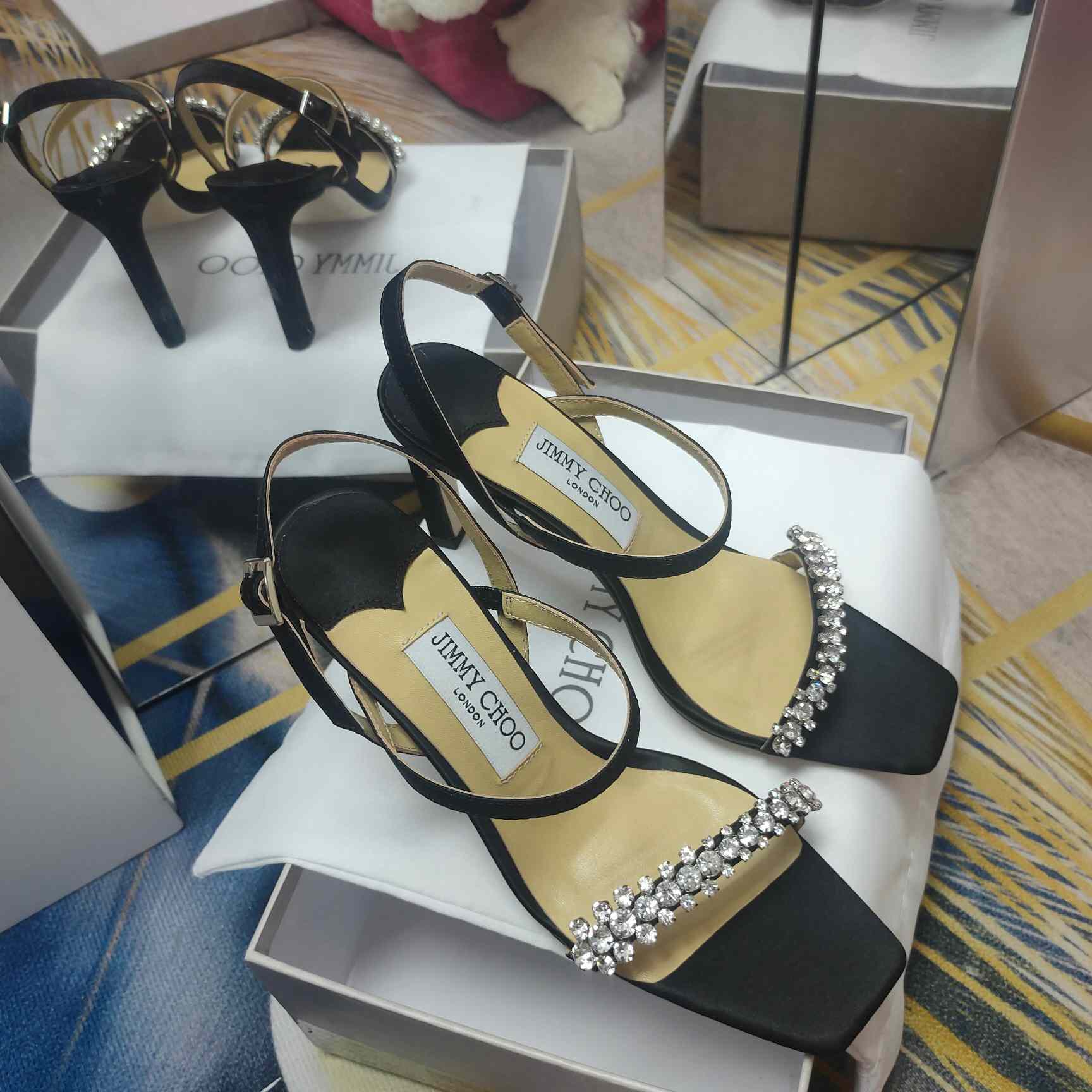 Jimmy Choo Meira 85 Black Suede Sandals With Crystal Embellishment - DopestKickz