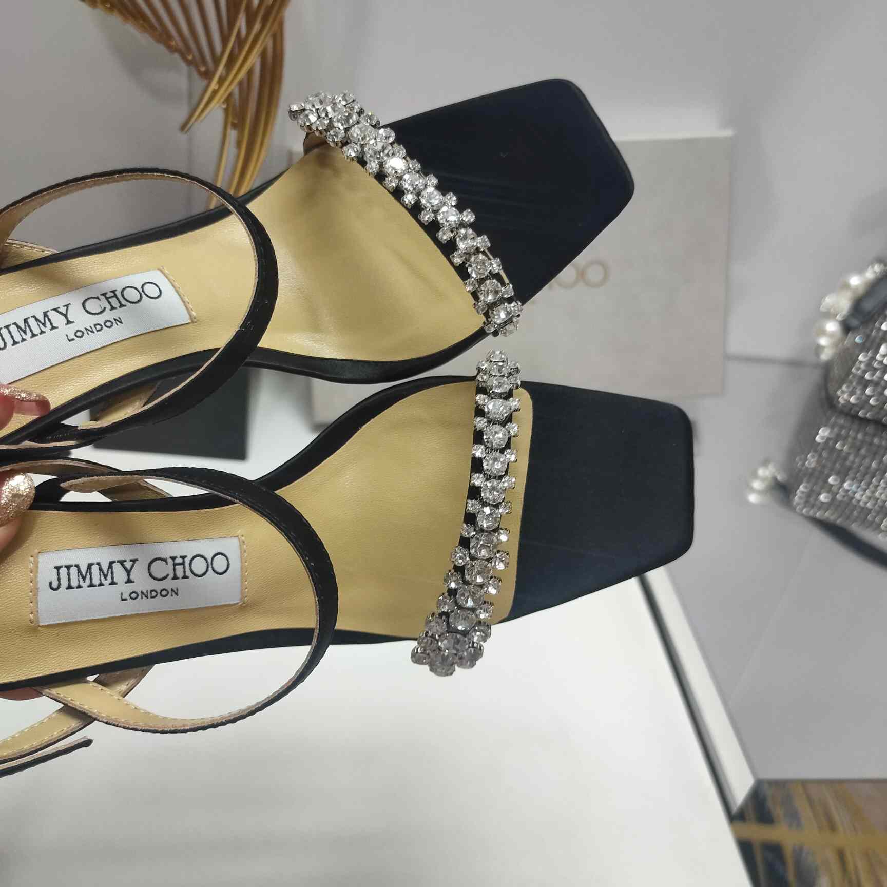 Jimmy Choo Meira 85 Black Suede Sandals With Crystal Embellishment - DopestKickz