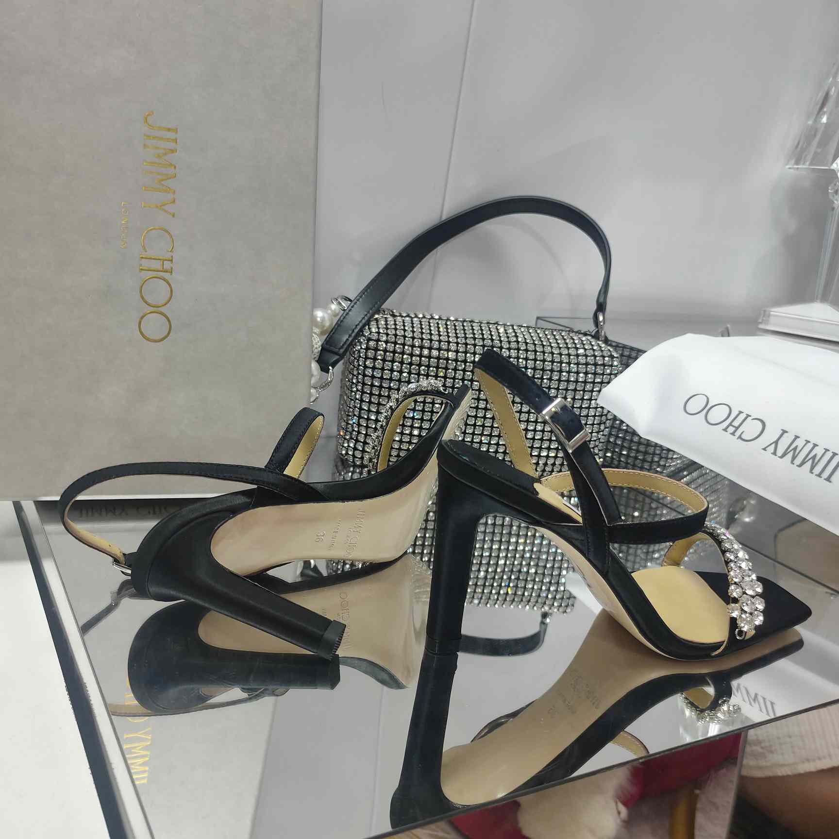 Jimmy Choo Meira 85 Black Suede Sandals With Crystal Embellishment - DopestKickz